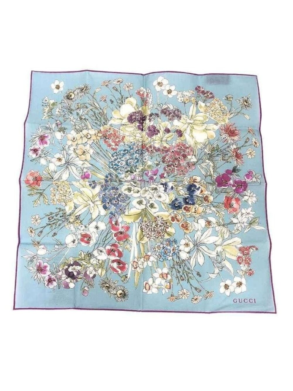 Gucci Flora Flower Pattern Handkerchief Bandana Pocket Square Blue Floral Cotton
